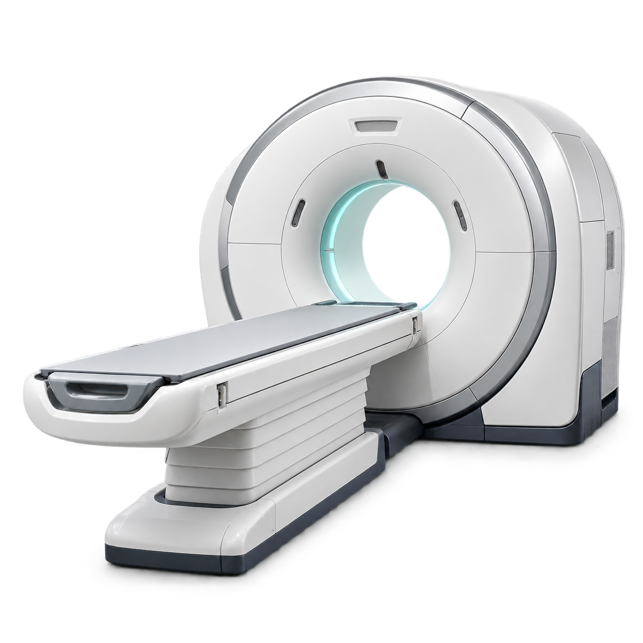 Photorealistic CT scanner with silver casing and subtle teal illumination